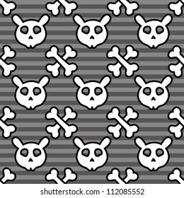 Rabbit skull and cross bones seamless pattern on dark gray strips background