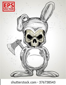 rabbit skull or horror clown with axe in hand print background isolated