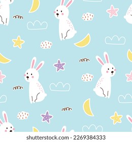 Patrón sin costuras de conejo y cielo diseño lindo para niños Uso para prendas de vestir recién nacidas, textiles y papel pintado