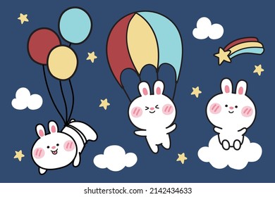 Rabbit in sky background.Cartoon character design.Cute animal banner.Star,rainbow,cloud doodle.Kawaii.Vector.Illustartion.