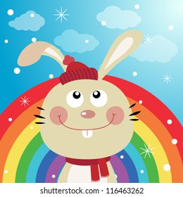 Rabbit in the sky with rainbow