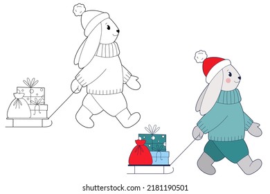 Rabbit with a sled and Christmas gifts. Design element or a page of children's coloring book. Black-and-white and color outline illustration on white background	