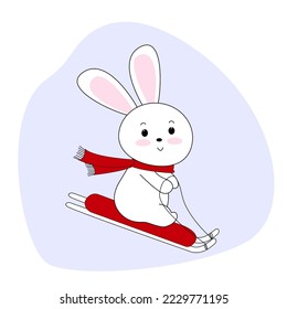 Rabbit sledding down the hill. Cute bunny cartoon character. For calendars, t-shirts, banners, stickers, flyers, posters, books.Winter illustration.