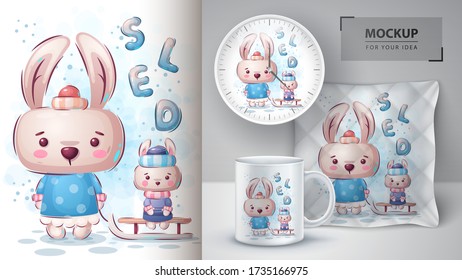 Rabbit sledding poster and merchandising.Hand draw