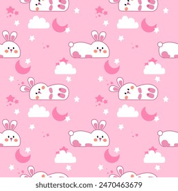 Rabbit sleep cartoon so cute. On moon star cloud pink background. Pattern seamless vector illustration. 