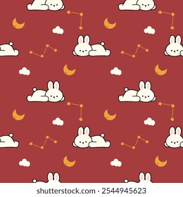 Rabbit sleep cartoon so cute. On star cloud moon red background. Pattern seamless vector illustration. 
