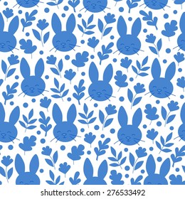 Rabbit sleep face blue seamless vector pattern 