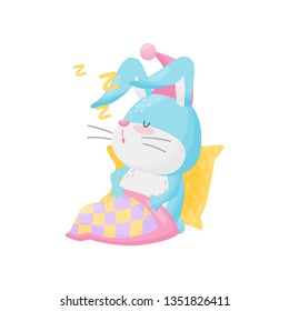 Rabbit sleeping in bed on white background. Vector illustration.
