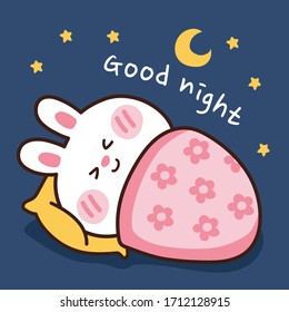 Rabbit sleeping with blanket hand drawn background.Good night writing.Cartoon character design.Animal doodle.Kid graphic.Vector.Illustration.