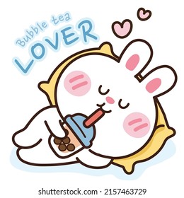 Rabbit sleeping   drinking bubble milk tea Animal   food cartoon design Cute bunny hand drawn Image for sticker card poster baby cloth   product Kawaii Vector Illustration 