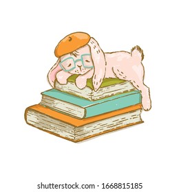 Rabbit sleeping on books. BOOK DAY International World Party Vector Illustration.