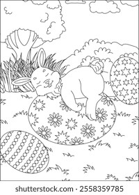 Rabbit sleeping on easter egg coloring page Vector