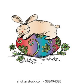  Rabbit sleeping on Easter egg. Doodle style illustration.