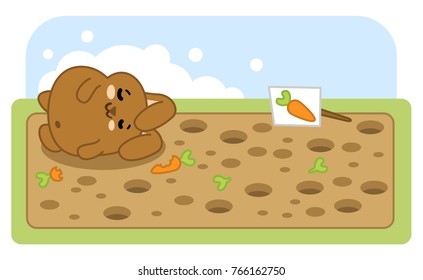 Rabbit sleeping on field after eating too many carrots (vector cartoon)