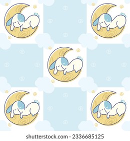 Rabbit sleeping on the moon seamless pattern, Cute sleepy Bunny for print, wallpaper, background and wrapping.