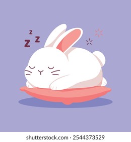 Rabbit sleeping on the pillow. Cute cartoon bunny sleep. Funny animal. Easter Bunny. Good night. Vector flat illustration isolated on purple background.