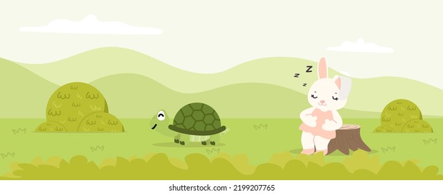 Rabbit is Sleeping Under the Tree withTurtle is Running to Finish