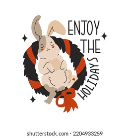 The rabbit sleeps in a bed made of a Christmas tree wreath. Rabbit is the symbol of the Chinese New Year. Christmas or Easter Bunny for greeting cards. Zodiac signs. Vector illustration in cartoon.