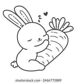The rabbit sleeps contentedly, hugging a carrot, its favorite food. Hand drawing vector illustration in black outline on a white background.