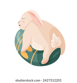 Conejo duerme sobre un huevo en estilo de dibujos animados. Lindo conejito para el diseño del personaje del día de Pascua feliz. Ilustración vectorial aislada sobre un fondo blanco.