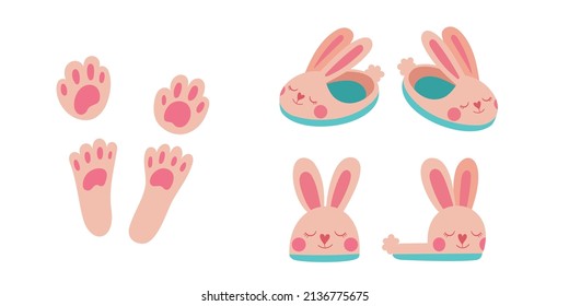 Rabbit slippers. Bunny paws. Fluffy shoes. A cozy accessory for children. Vector illustration isolated on white background