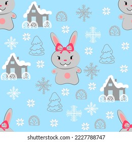 Rabbit small smiling new year seamless pattern gentle blue background house in the snow Christmas tree snowflakes Vector