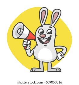 Rabbit Smiles and Holds Megaphone. Vector Illustration. Mascot Character.