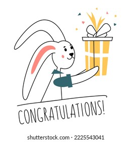 The rabbit smiles while holding a gift. Vector illustration on the theme of the holiday. Funny postcard.