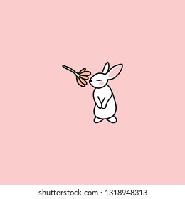 rabbit sniffing bud of a red flower. funny bunny. hand drawn elements on pink background