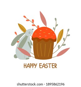 Rabbit sniffing Easter cake. Willow twigs and leaves. Colorful cartoon vector illustration isolated card. Inscription Happy Easter. Traditional food and symbol for the Orthodox and Catholic holidays