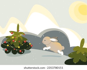 rabbit; snow; animal; wood; snowflake; vector; illustration; woodland; evening; garlands; bouncing; christmas tree; christmas; cute; nature; new year; wildlife; alone; scenery; bunny; night; tranquil;