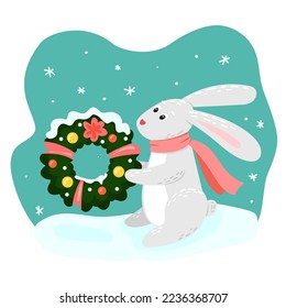 Rabbit in the snow with a Christmas wreath outdoors with snowflakes. Festive mood. Seasonal vector illustration with cute cartoon style character.