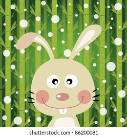 Rabbit and snow on bamboo background