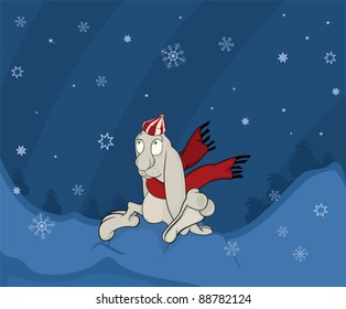 Rabbit and a snowfall. Cartoon