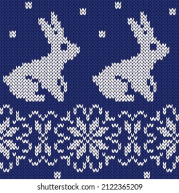 Rabbit and snowflakes jacquard seamless pattern. Winter knitted style. Creative vector illustration.