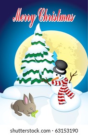 a rabbit and a snowman in front of a christmas tree