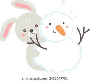 Conejo con muñeco de nieve ilustración vectorial