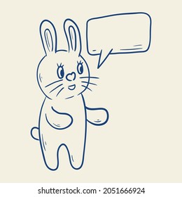 rabbit with speech bubble. Hand drawn vector illustration.