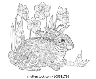 Rabbit and spring flowers and grass page for adult coloring book.