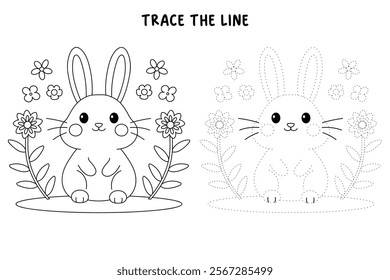 Rabbit in spring garden clipart vector. Spring bunny. Easter bunny coloring pages easter worksheets printable for kids activity, Kindergarten and preschool. Trace and color Easter bunny worksheets. 