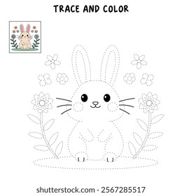 Rabbit in spring garden clipart vector. Spring bunny. Easter bunny coloring pages easter worksheets printable for kids activity, Kindergarten and preschool. Trace and color Easter bunny worksheets. 