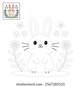 Rabbit in spring garden clipart vector. Spring bunny. Easter bunny coloring pages easter worksheets printable for kids activity, Kindergarten and preschool. Trace and color Easter bunny worksheets. 