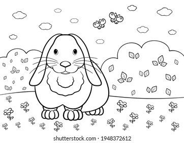 Rabbit is in a spring meadow. Illustration for coloring book.