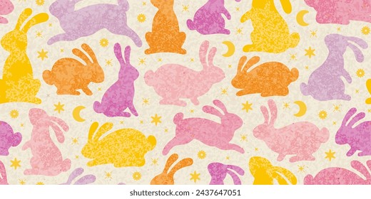 Rabbit spring pattern. Star, moon, flower on craft rice paper background. Easter, Chinese New Year, Korean Mid Autumn seamless pattern. Cute pink yellow bunny silhouette. Vintage Easter rabbit design