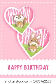 A rabbit and a squirrel in the forest for greeting card , birthday card , Paper cut and craft style .