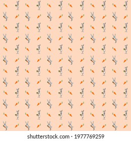 Rabbit standing and holding orange carrot on pink background repeat pattern