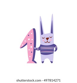 Rabbit Standing Next To Number One Stylized Funky Animal