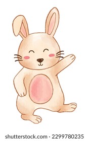 Rabbit is standing and raising hand . Watercolor paint design . Cute animal cartoon character . Vector .