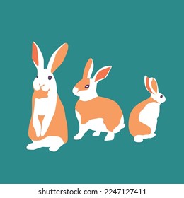 Rabbit in standing, sitting and back posture. Minimal Rabbit Vector. Two color rabbit vector. Childish drawing a rabbit, bunny.