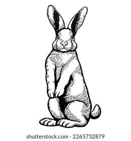 Rabbit standing sketch engraving hand drawn Vector illustration. Cute Bunny isolated on white.